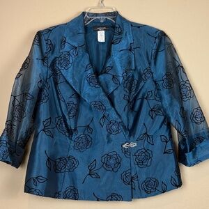 R & M Richards Blue Organza Evening Jacket with Black Velvet Like Floral Pattern